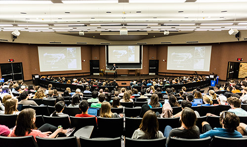 A professor delivering a lecture to a large audience of university students.