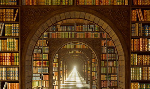 view of a grand library's interior